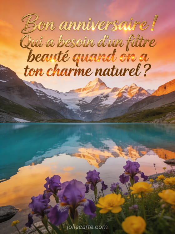 Lac de montagne turquoise reflétant des sommets enneigés au coucher du soleil avec fleurs alpines violettes et jaunes