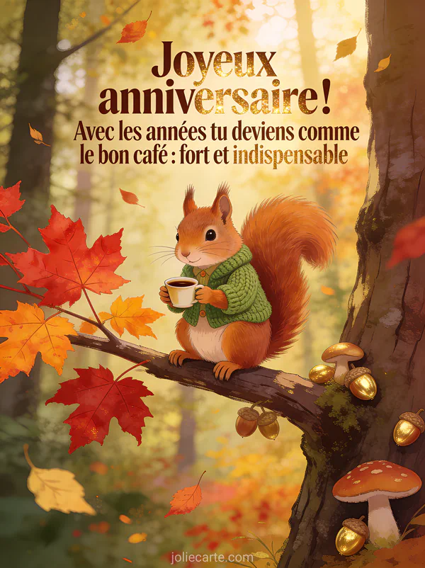 Écureuil roux portant un petit gilet tricoté vert tenant une tasse de café sur une branche d'érable aux feuilles rouges et oranges en automne