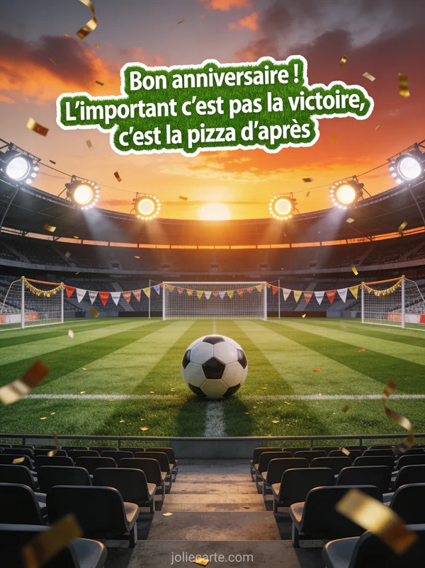 Stade de football au coucher du soleil avec pelouse rayée, ballon au centre du terrain, bandères de fête et confettis dorés avec le texte Bon anniversaire