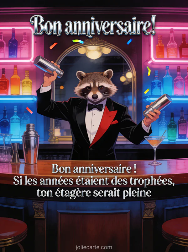 Raton laveur malicieux en smoking noir jonglant avec des shakers à cocktail derrière un bar en acajou avec néons roses et bleus