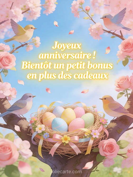 Nid douillet rempli d'oeufs colorés pastel décoré de rubans et fleurs dans un arbre en fleurs roses avec oiseaux