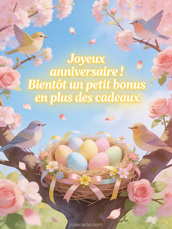 Nid douillet rempli d'oeufs colorés pastel décoré de rubans et fleurs dans un arbre en fleurs roses avec oiseaux