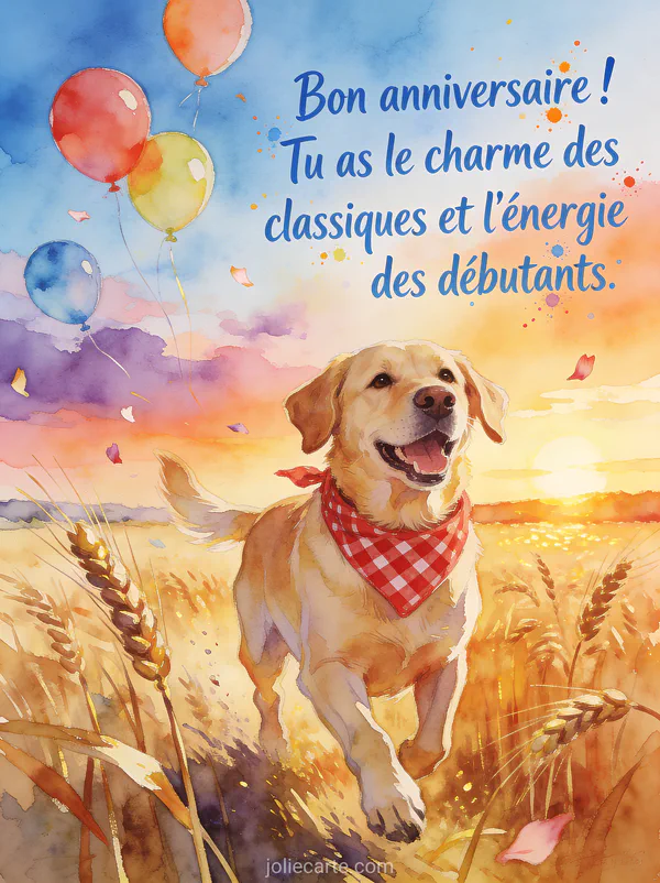 Labrador doré joyeux portant un bandana à carreaux rouge courant dans un champ de blé doré au coucher du soleil avec ballons colorés