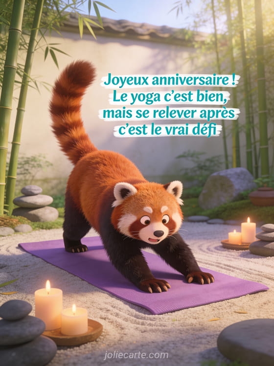 Panda roux en position de yoga sur un tapis mauve en difficulté pour se relever dans un jardin zen avec bambous