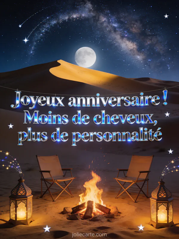 Ciel nocturne étoilé au-dessus d'un désert de sable doré avec voie lactée, feu de camp, lanternes marocaines et étoiles filantes