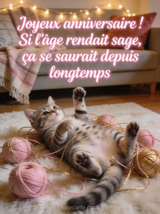 Chaton gris tigré allongé sur le dos sur un tapis moelleux entouré de pelotes de laine roses et dorées emmêlées