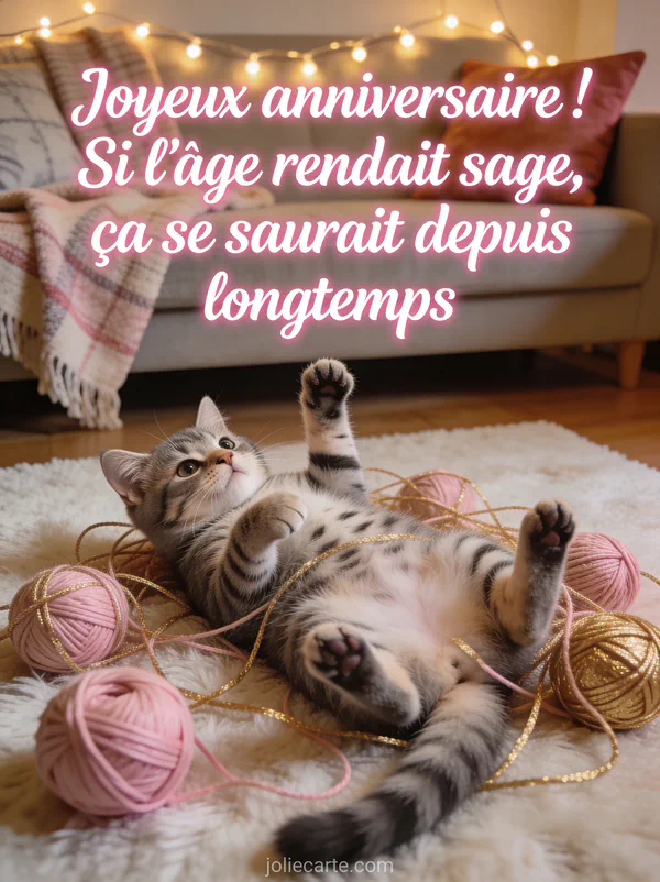Chaton gris tigré allongé sur le dos sur un tapis moelleux entouré de pelotes de laine roses et dorées emmêlées
