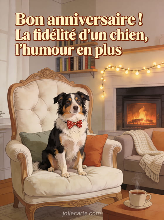 Berger australien tricolore portant un noeud papillon à pois rouges assis sur un trône de coussins devant une cheminée avec guirlande lumineuse