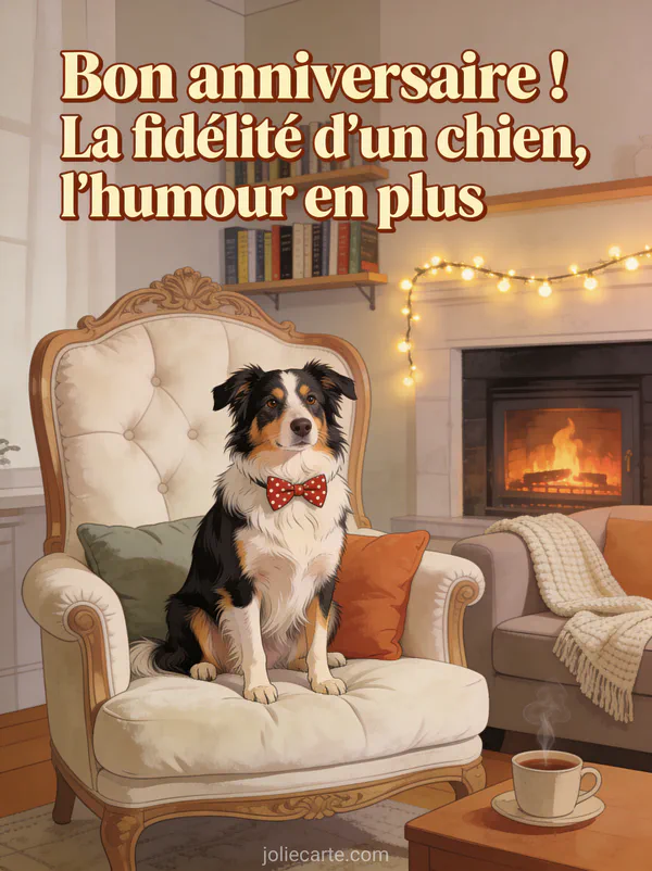 Berger australien tricolore portant un noeud papillon à pois rouges assis sur un trône de coussins devant une cheminée avec guirlande lumineuse