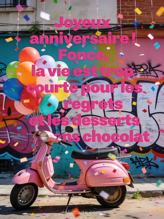 Moto vintage rose garée devant un mur de street art coloré avec un bouquet de ballons attaché au guidon