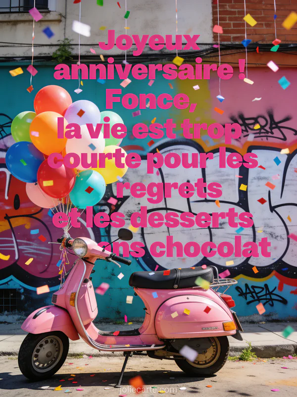 Moto vintage rose garée devant un mur de street art coloré avec un bouquet de ballons attaché au guidon