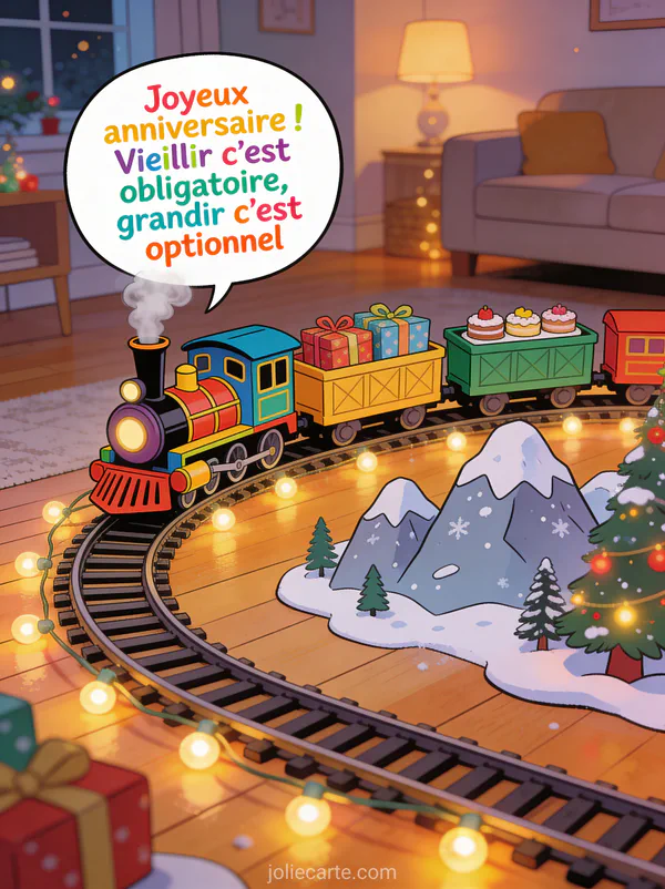 Train miniature coloré sur un circuit dans un salon, wagons chargés de cadeaux et gâteaux traversant un décor miniature avec montagnes et sapins