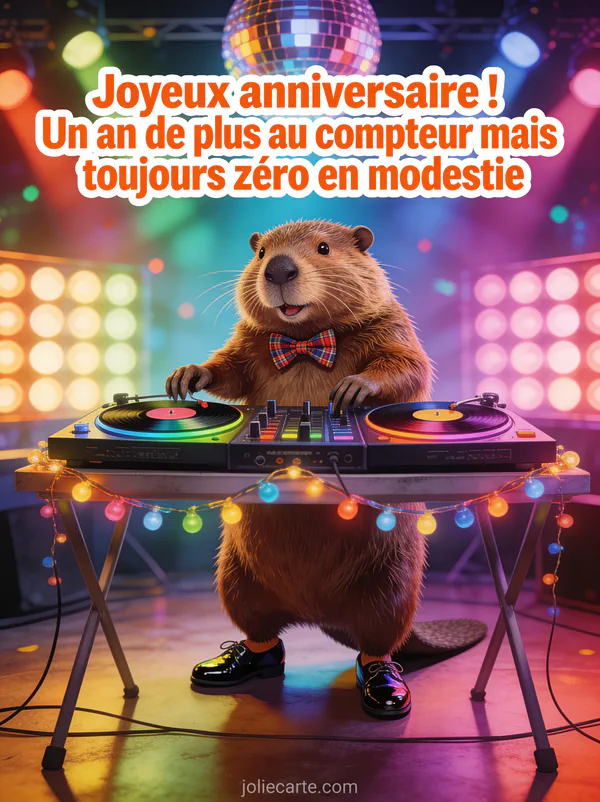Castor portant un noeud papillon en tartan faisant le DJ derrière une table de mixage décorée de guirlandes avec lumières disco