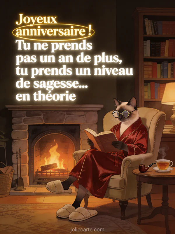 Chat siamois en robe de chambre en soie rouge installé dans un fauteuil bergère lisant un livre avec des lunettes demi-lune devant une cheminée