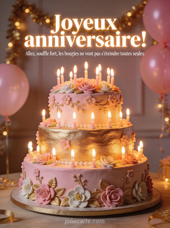 Gâteau d'anniversaire rose et doré à trois étages décoré de fleurs en sucre avec des dizaines de bougies allumées