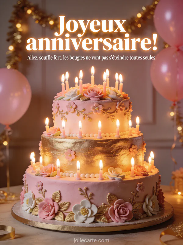 Gâteau d'anniversaire rose et doré à trois étages décoré de fleurs en sucre avec des dizaines de bougies allumées