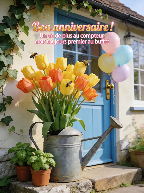 Bouquet de tulipes jaunes et oranges dans un arrosoir en zinc sur une marche en pierre devant une porte bleu ciel avec ballons pastel