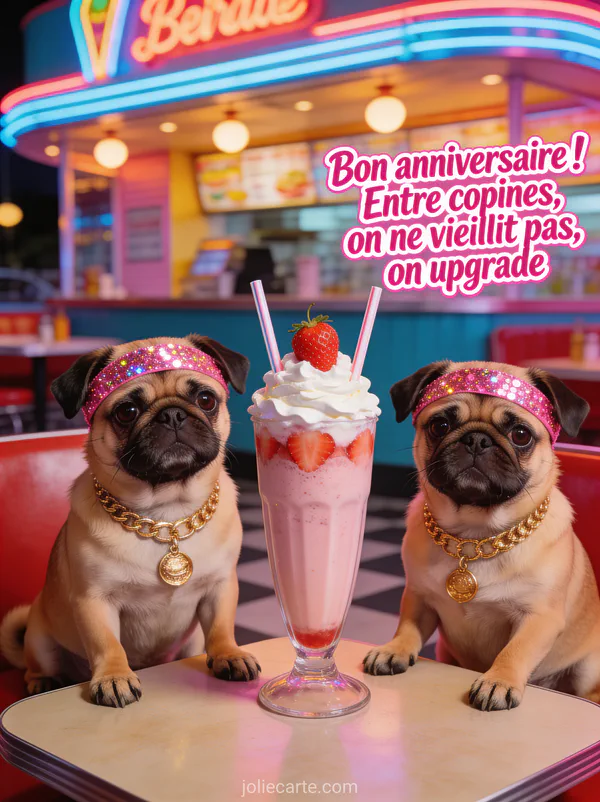 Deux chiennes carlin portant des bandeaux à paillettes roses devant un milkshake fraise-chantilly dans un restaurant rétro