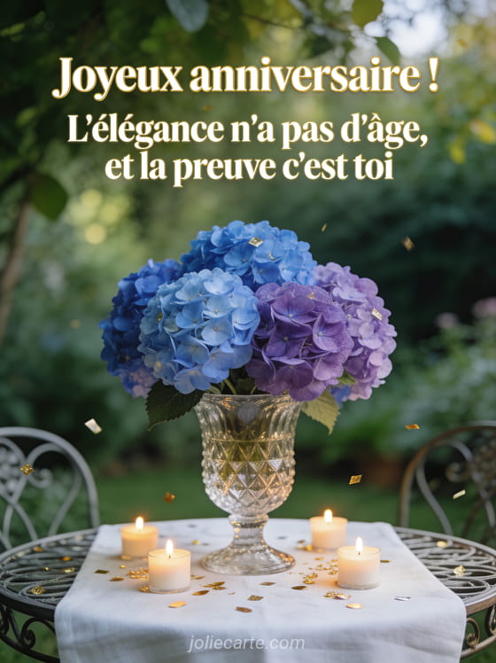 Hortensias bleu et violet dans un vase en cristal taillé sur une table de jardin en fer forgé avec confettis or et bougies allumées