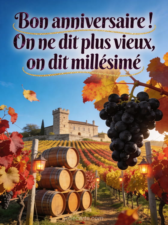 Vignoble en automne avec rangées de vignes aux feuilles rouges et dorées, château en pierre, tonneaux en chêne et lanternes sur les piquets