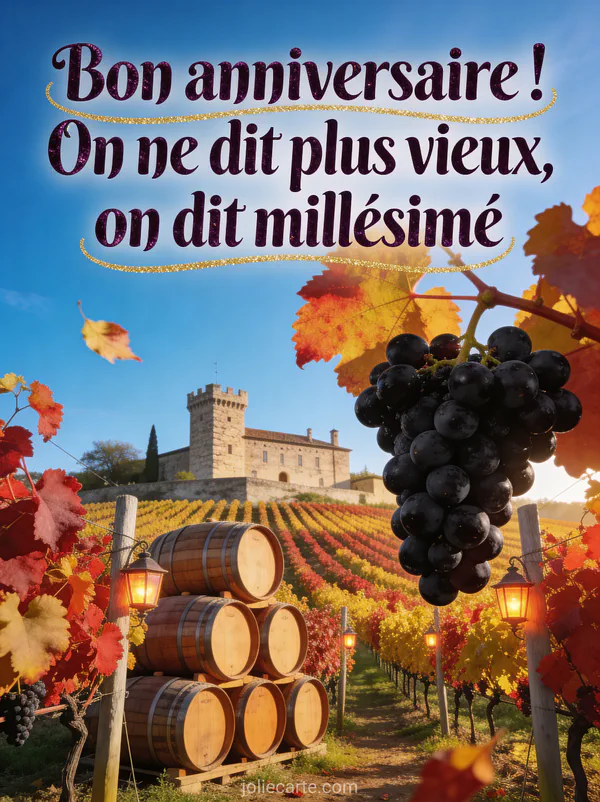 Vignoble en automne avec rangées de vignes aux feuilles rouges et dorées, château en pierre, tonneaux en chêne et lanternes sur les piquets