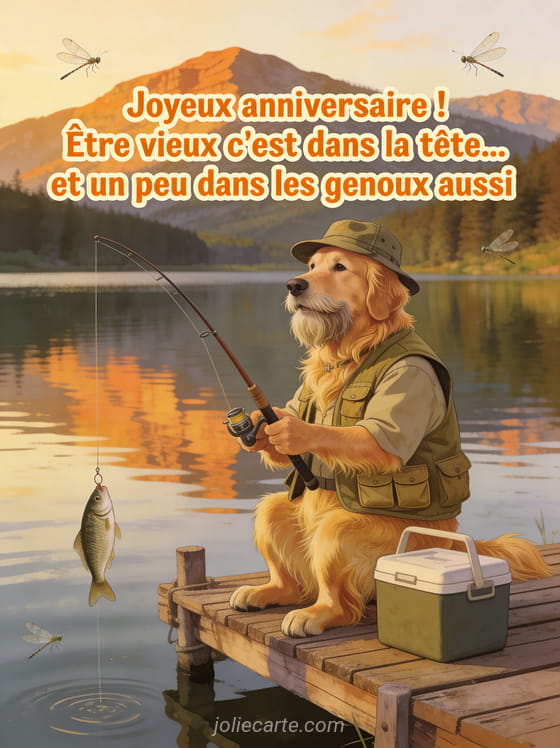 Golden retriever barbu portant un chapeau de pêcheur et un gilet kaki assis au bout d'un ponton tenant une canne à pêche avec un poisson