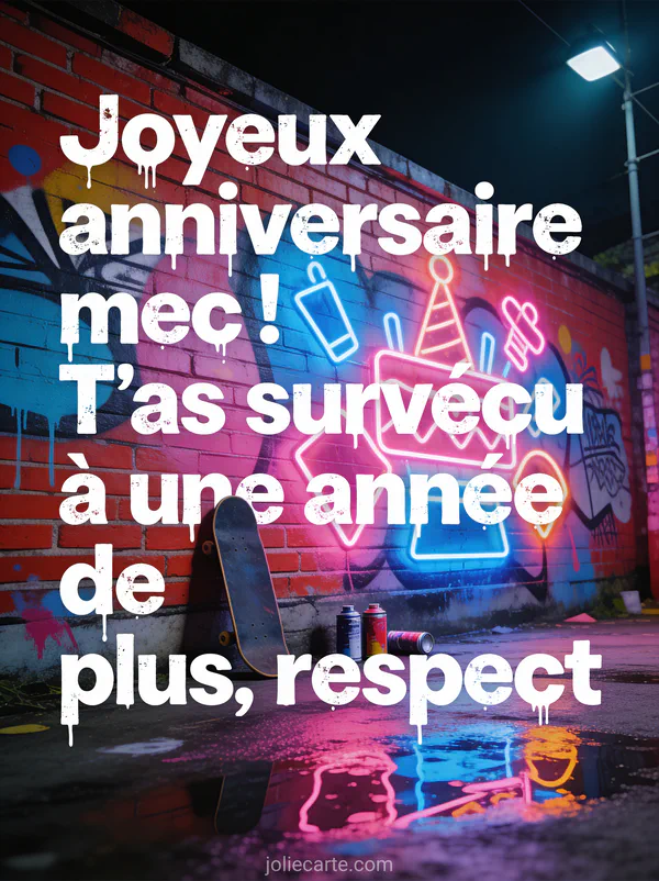 Mur en briques rouges avec graffiti street art coloré, néons roses et bleus, sol mouillé avec reflets et skateboard avec le texte Joyeux anniversaire