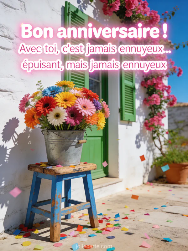 Bouquet de gerberas multicolores dans un seau en zinc sur un tabouret bleu avec mur crépi blanc et bougainvilliers roses sous le soleil
