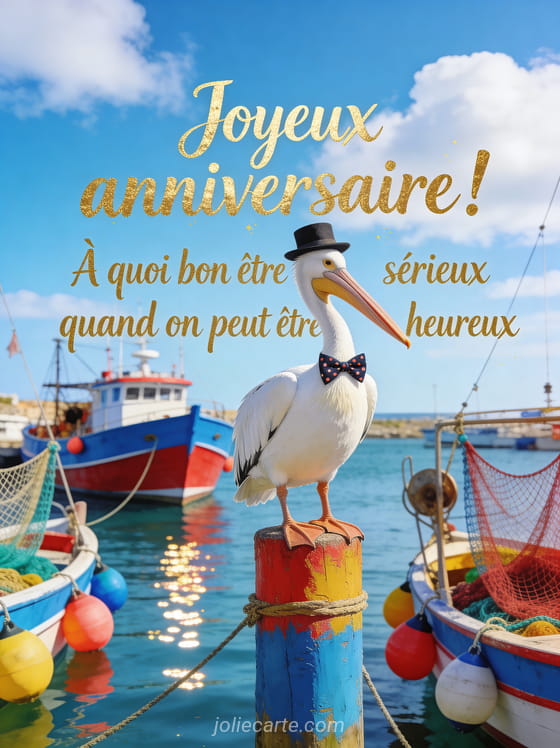 Pélican blanc portant un noeud papillon à pois et un haut-de-forme perché sur un poteau de port de pêche avec bateaux colorés en arrière-plan