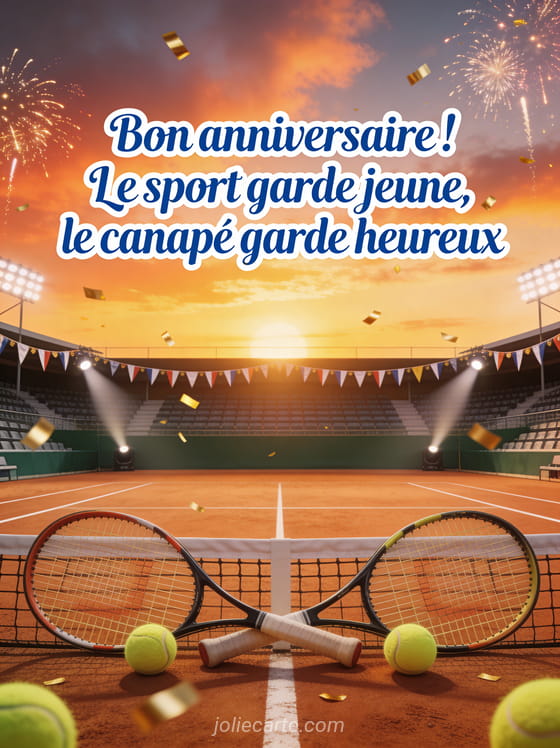 Terrain de tennis en terre battue au coucher du soleil avec raquettes croisées au filet, tribunes décorées de fanions et confettis dorés