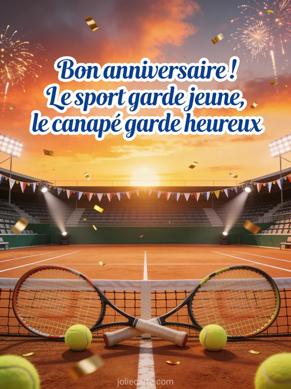 Terrain de tennis en terre battue au coucher du soleil avec raquettes croisées au filet, tribunes décorées de fanions et confettis dorés