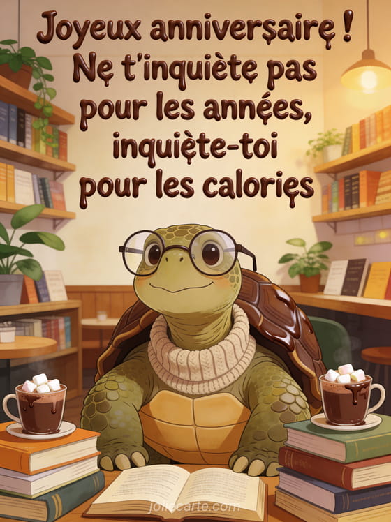 Tortue géante portant des lunettes de lecture et un pull à col roulé dans un café librairie entourée de livres et chocolats chauds
