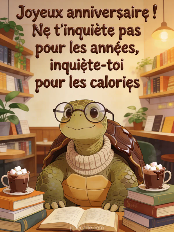 Tortue géante portant des lunettes de lecture et un pull à col roulé dans un café librairie entourée de livres et chocolats chauds