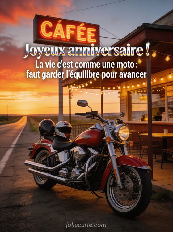 Moto vintage rouge et chrome devant un café de bord de route au coucher du soleil avec casques sur la selle et guirlandes lumineuses