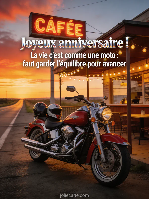 Moto vintage rouge et chrome devant un café de bord de route au coucher du soleil avec casques sur la selle et guirlandes lumineuses