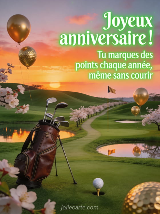 Terrain de golf au coucher du soleil avec green parfait, drapeau, balle sur le tee et cerisiers en fleurs le long du fairway avec ballons dorés