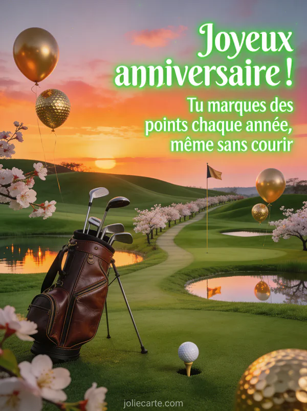 Terrain de golf au coucher du soleil avec green parfait, drapeau, balle sur le tee et cerisiers en fleurs le long du fairway avec ballons dorés