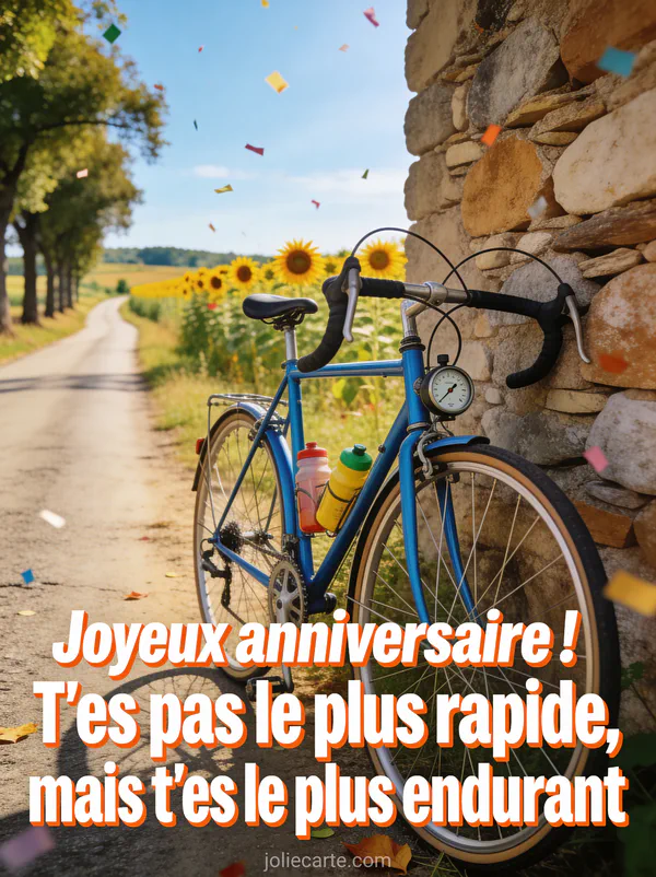 Vélo de course vintage en acier bleu appuyé contre un mur en pierres sèches avec route de campagne bordée de platanes et tournesols au loin