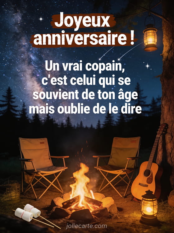 Deux fauteuils de camping autour d'un feu de camp sous un ciel étoilé avec guitare, marshmallows et lanternes dans une forêt de pins