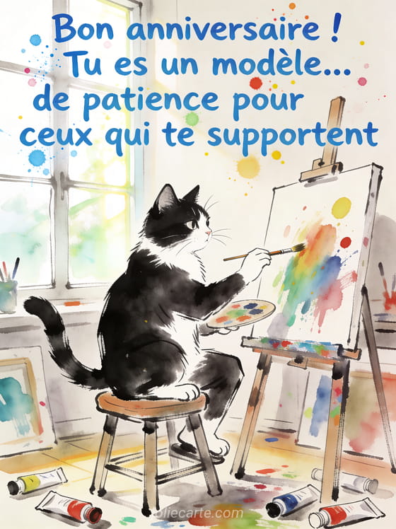 Chat noir et blanc façon croquis à l'encre assis sur un tabouret de peintre devant un chevalet avec des taches de peinture colorées