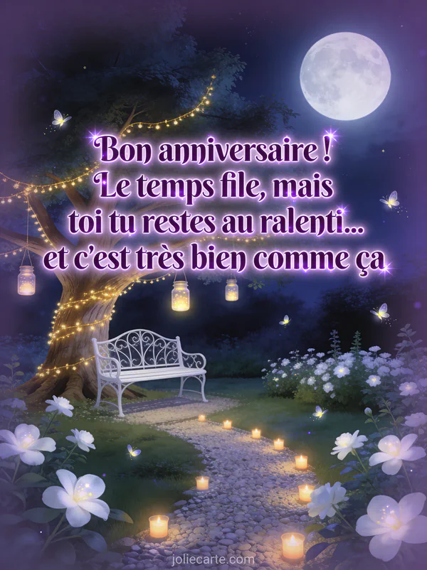 Jardin enchanté de nuit avec arbre centenaire illuminé de guirlandes dorées, banc en fer forgé, bocaux lumineux et lucioles sous la lune