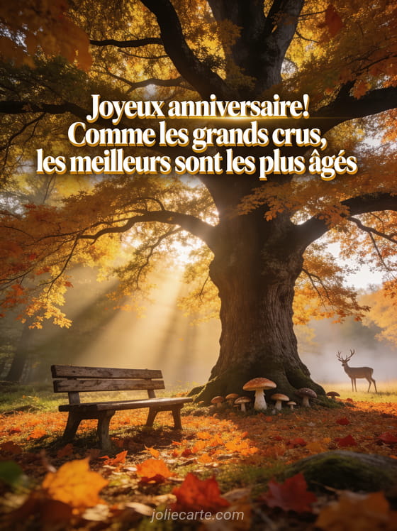 Vieux chêne majestueux aux feuilles dorées d'automne dans une clairière avec tapis de feuilles mortes, banc ancien et cerf au loin dans la brume