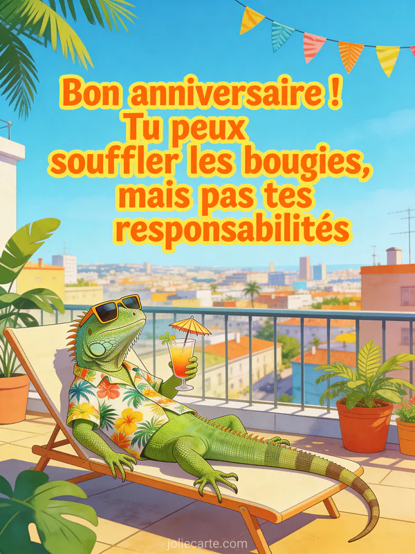 Iguane vert portant une chemise hawaïenne et des lunettes de soleil allongé dans une chaise longue sur un toit-terrasse avec cocktail et vue sur la ville