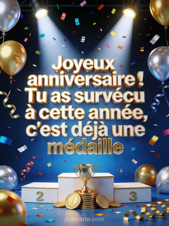 Podium sportif avec coupes et médailles dorées, confettis multicolores, projecteurs lumineux et ballons dorés et argentés en ambiance de victoire