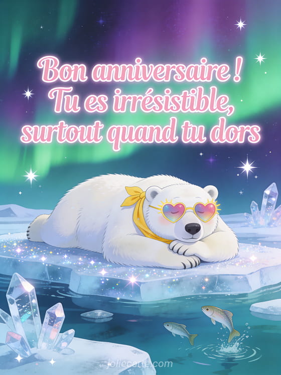 Ours polaire blanc allongé sur une banquise avec lunettes en forme de coeur et foulard jaune sous une aurore boréale verte et violette