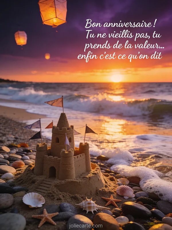 Coucher de soleil sur une plage de galets avec château de sable, coquillages et étoiles de mer, lanternes en papier flottant dans un ciel violet et orange