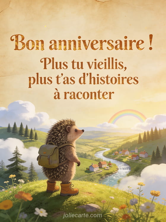 Hérisson portant un sac à dos et des bottes de randonneur au sommet d'une colline verdoyante avec panorama de vallée et arc-en-ciel au loin