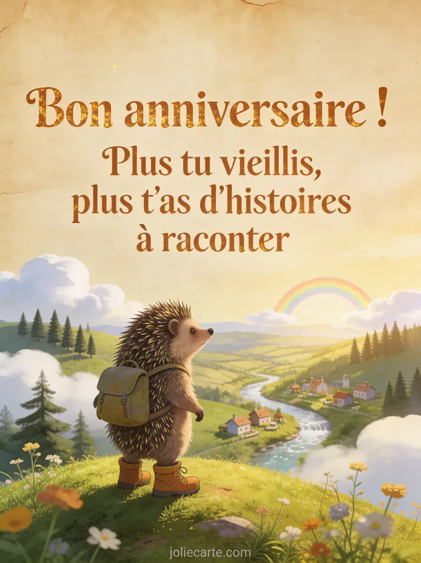 Hérisson portant un sac à dos et des bottes de randonneur au sommet d'une colline verdoyante avec panorama de vallée et arc-en-ciel au loin