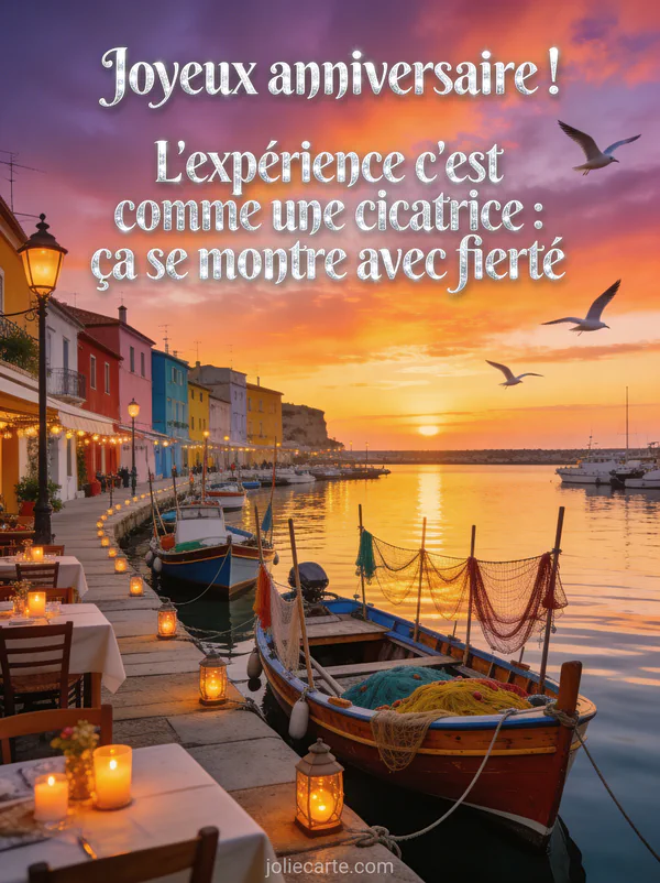 Port de pêche au coucher du soleil avec bateaux colorés en bois, filets séchant, façades colorées et terrasse de restaurant avec bougies et lampions