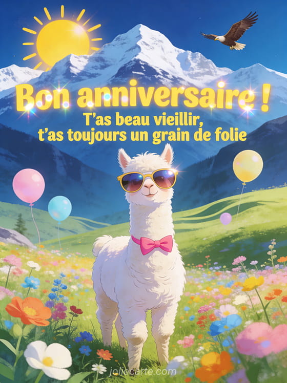 Alpaga blanc duveteux portant un noeud papillon rose et des lunettes de soleil dans un champ de fleurs de montagne avec sommets enneigés et ballons pastel